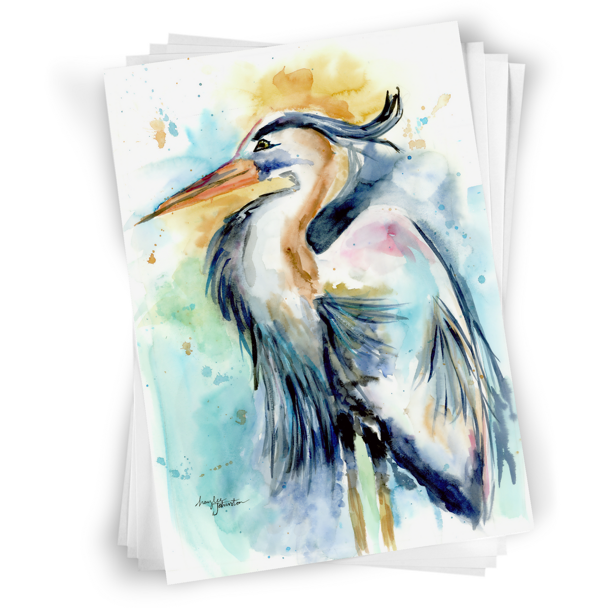 Flat cardstock note card featuring original watercolor piece Female Heron in a stack on a white background.