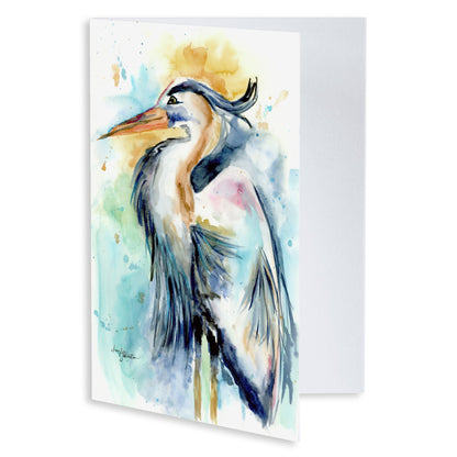 Folding cardstock greeting card featuring original watercolor piece Female Heron slightly open to display the empty inside.