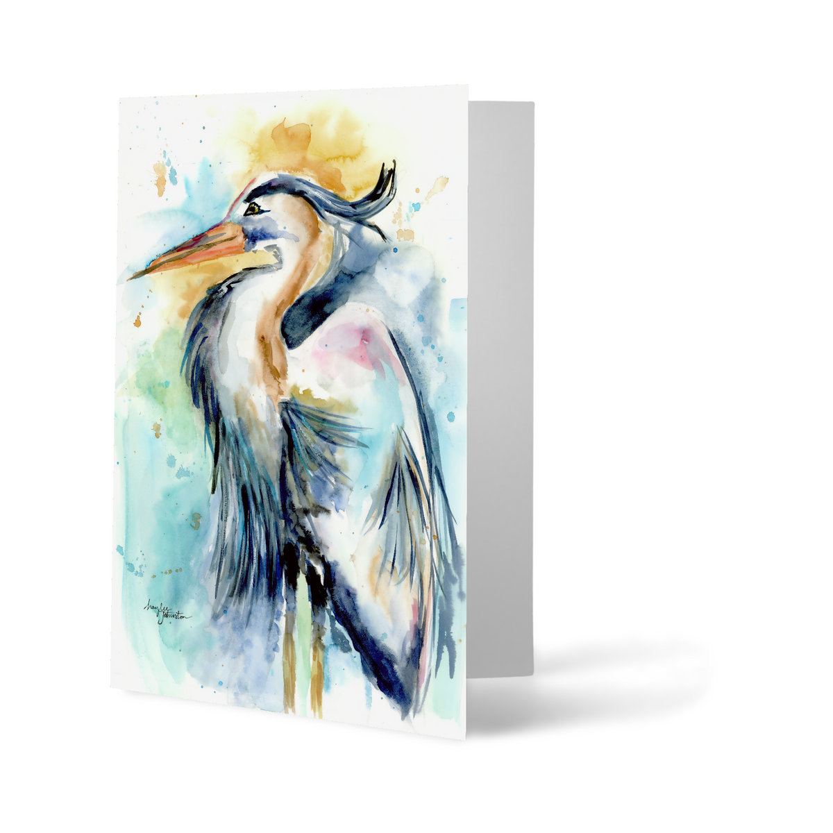 Folding cardstock greeting card featuring original watercolor piece Female Heron standing upright.