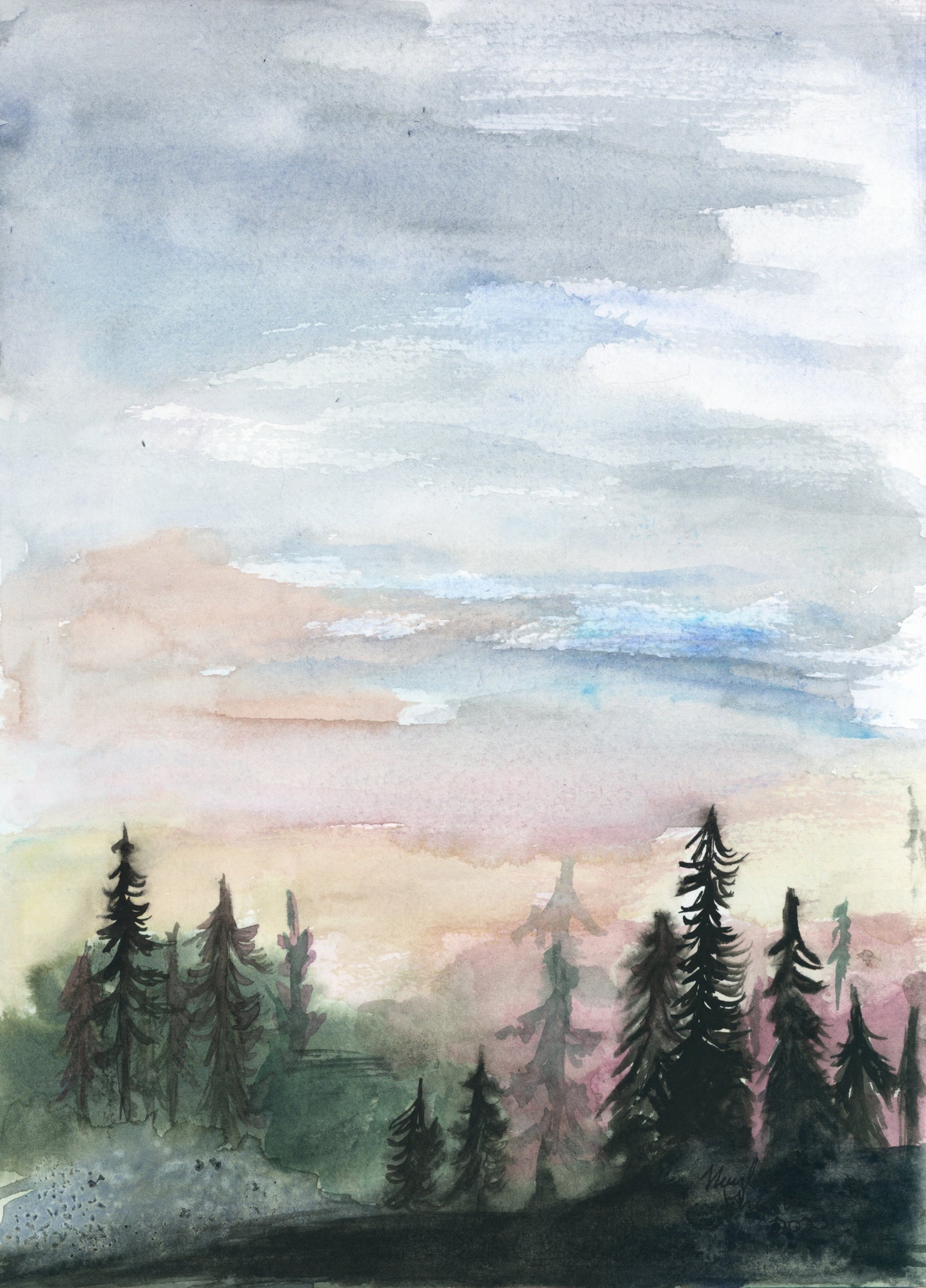 Forest Skyline Watercolor Giclée Print, Bright Cloudy Morning Sky, Rolling Evergreen Hills