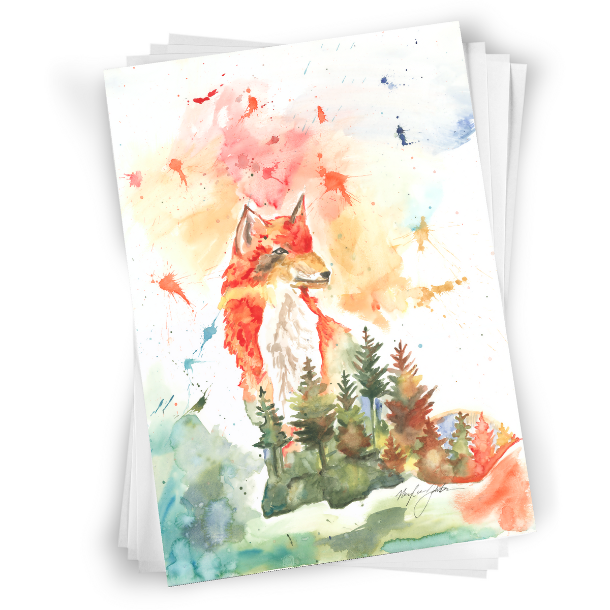 Flat cardstock note card featuring original watercolor piece Forest Fox in a stack on a white background.