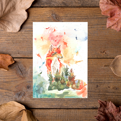 Flat cardstock note card featuring original watercolor piece Forest Fox styled on rustic wooden boards with dried autumn leaves.