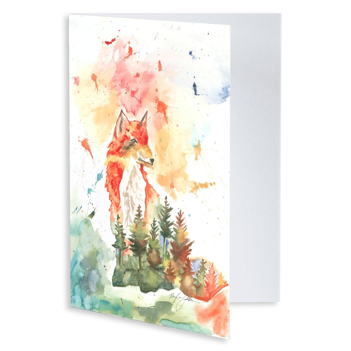 Folding cardstock greeting card featuring original watercolor piece Forest Fox slightly open to display the empty inside.