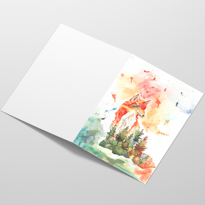 Folding cardstock greeting card featuring original watercolor piece Forest Fox laying open in a table with the outside facing up.