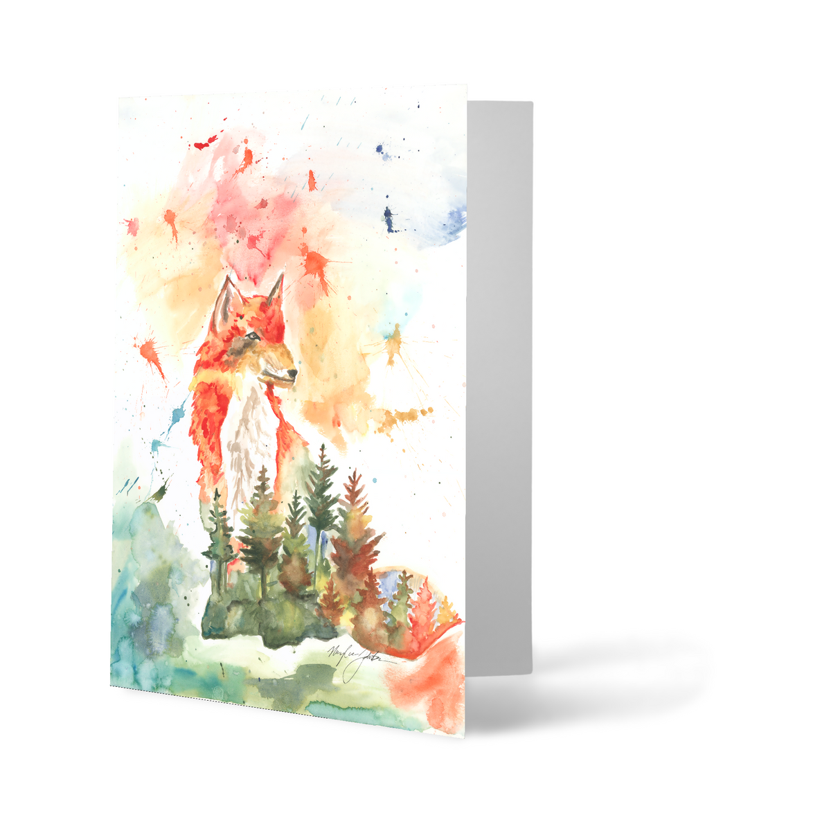 Folding cardstock greeting card featuring original watercolor piece Forest Fox standing upright.