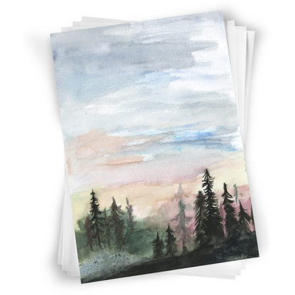 Flat cardstock note card featuring original watercolor piece Forest Skyline in a stack on a white background.