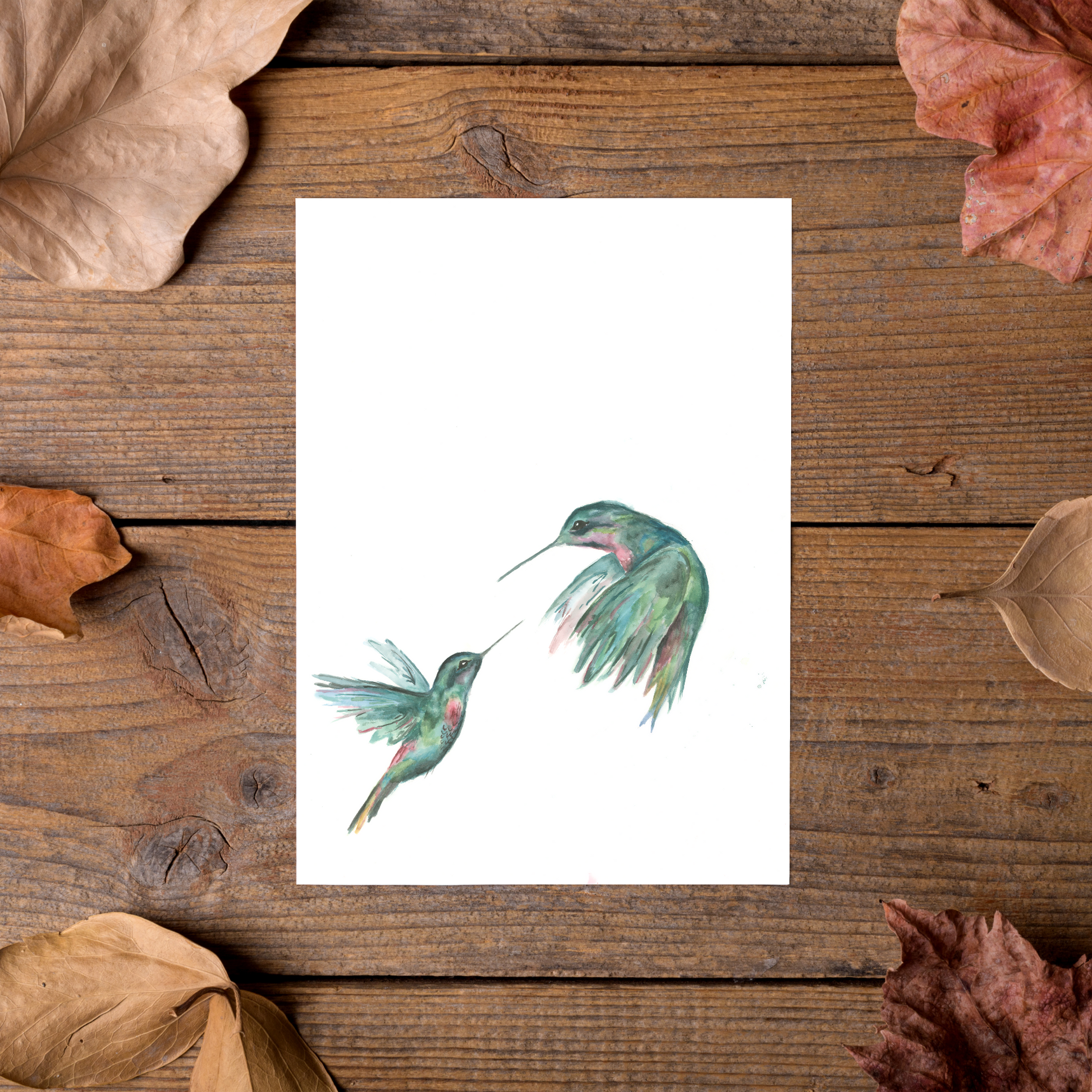 Two hummingbird illustrations on a white card with dried leaves around on a wooden surface