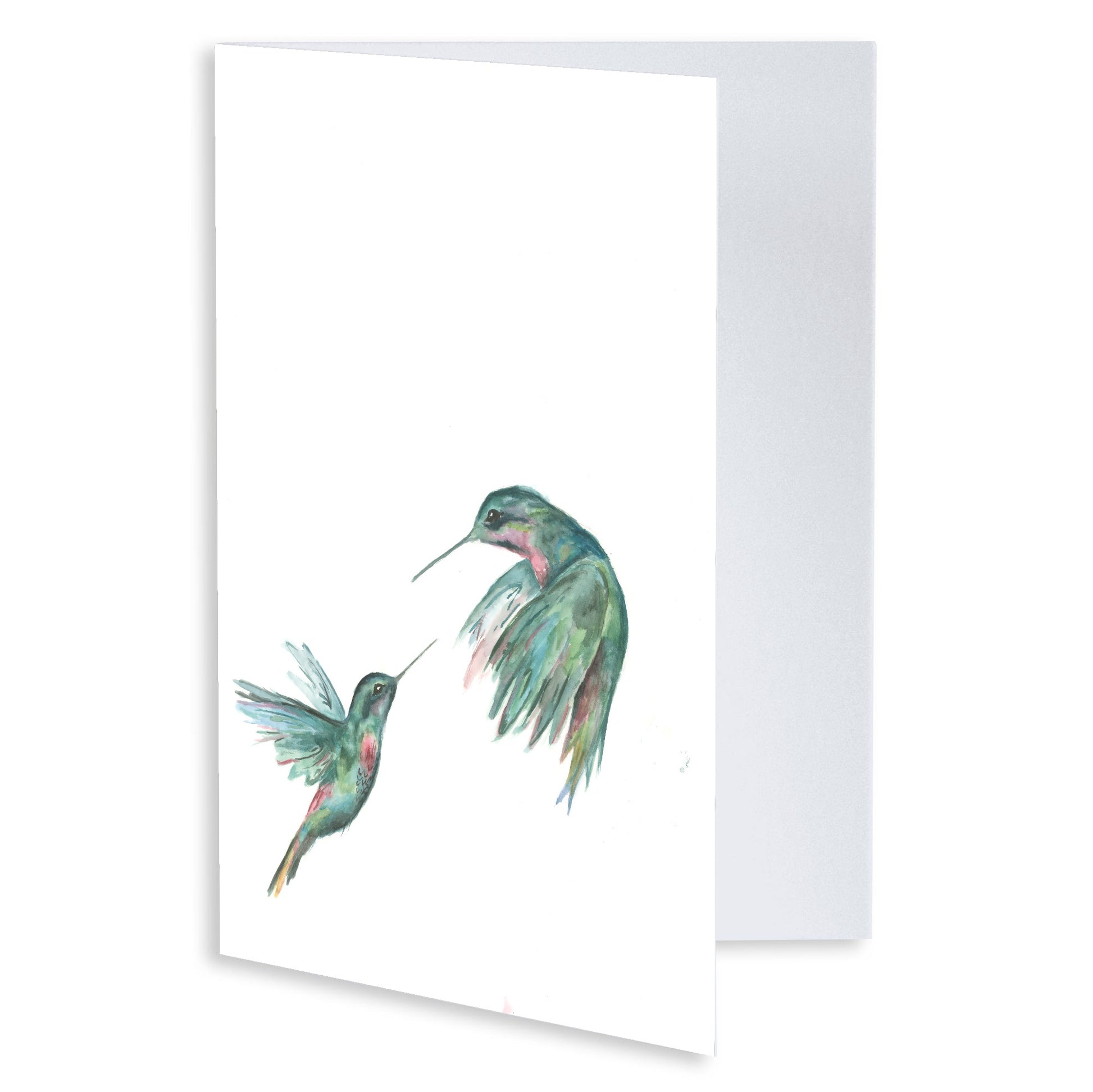 Folding cardstock greeting card featuring original watercolor piece Hummingbird Duel slightly open to display the empty inside.
