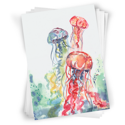 Flat cardstock note card featuring original watercolor piece Jellyfish Bloom in a stack on a white background.