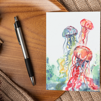 Flat cardstock note card featuring original watercolor piece Jellyfish Bloom displayed on a wooden surface beside a black and silver pen.