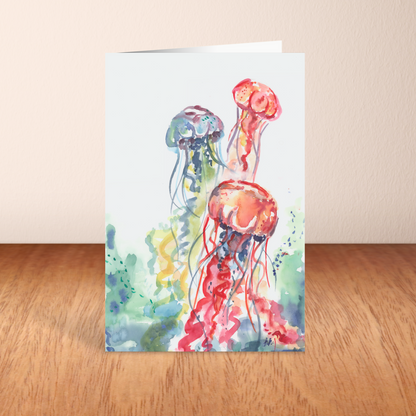 Folding cardstock greeting card featuring original watercolor piece Jellyfish Bloom standing upright on a wooden table.