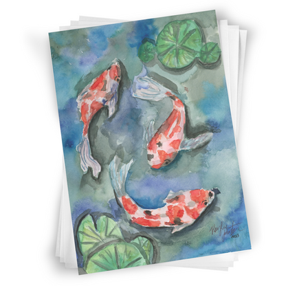 Flat cardstock note card featuring original watercolor piece Koi Pond in a stack on a white background.
