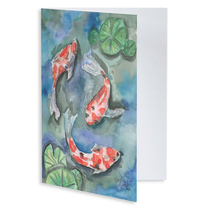 Folding cardstock greeting card featuring original watercolor piece Koi Pond slightly open to display the empty inside.