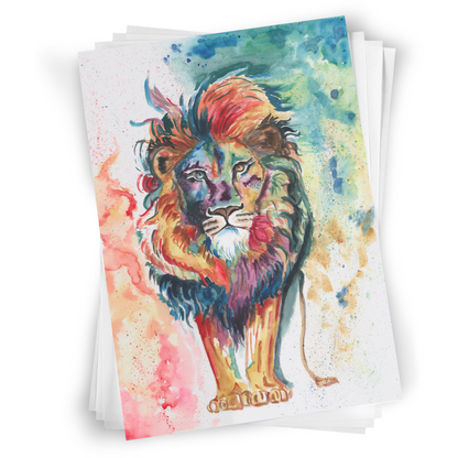 Flat cardstock note card featuring original watercolor piece Lion of Judah in a stack on a white background.