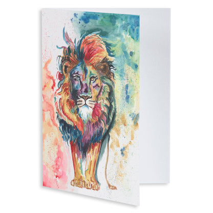 Folding cardstock greeting card featuring original watercolor piece Lion of Judah slightly open to display the empty inside.