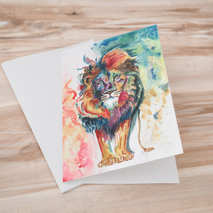 Folding cardstock greeting card featuring original watercolor piece Lion of Judah laying one on top of another.