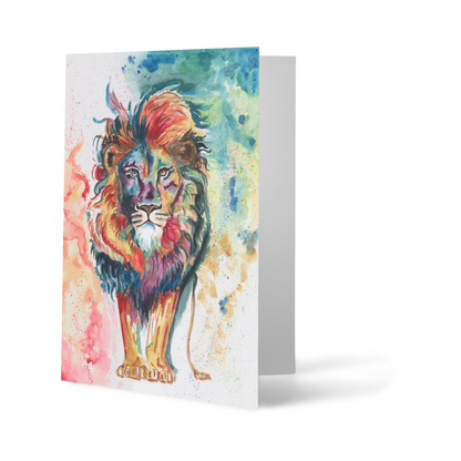 Folding cardstock greeting card featuring original watercolor piece Lion of Judah standing upright.