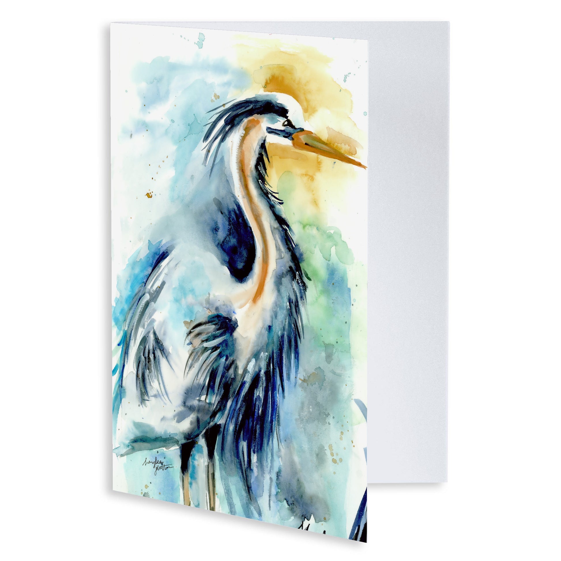 Folding cardstock greeting card featuring original watercolor piece Male Heron slightly open to display the empty inside.