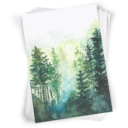 Flat cardstock note card featuring original watercolor piece Morning Forest in a stack on a white background.
