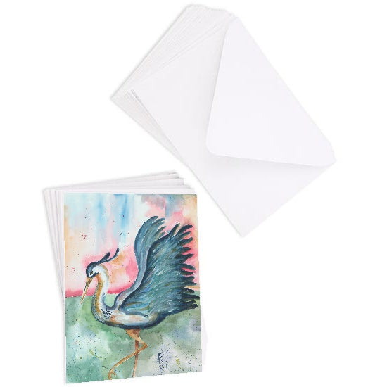 A stack of flat cardstock note cards featuring original watercolor piece Morning Glories next to a stack of the matching euro flap envelopes.