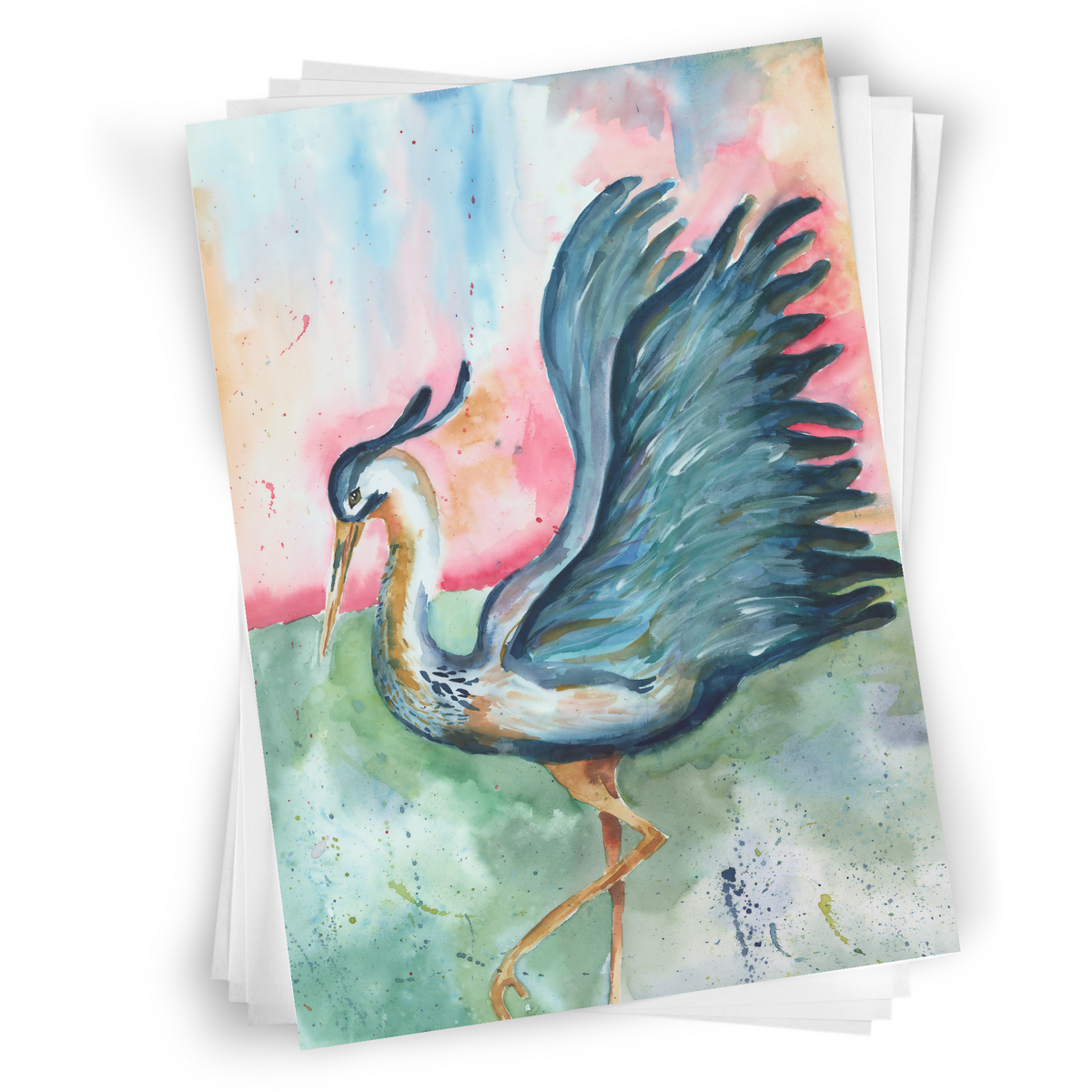Flat cardstock note card featuring original watercolor piece Morning Glories in a stack on a white background.