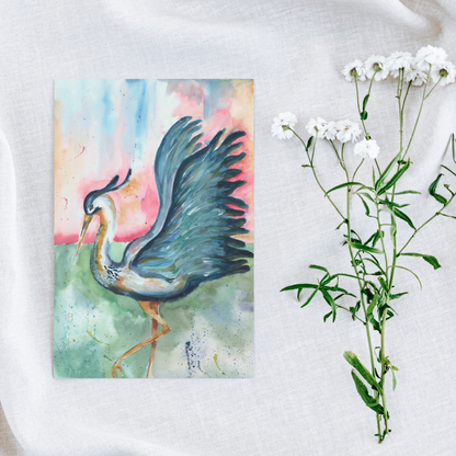 Flat cardstock note card featuring original watercolor piece Morning Glories on a white linen background next to fresh white flowers.