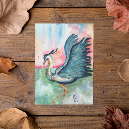 Flat cardstock note card featuring original watercolor piece Morning Glories styled on rustic wooden boards with dried autumn leaves.