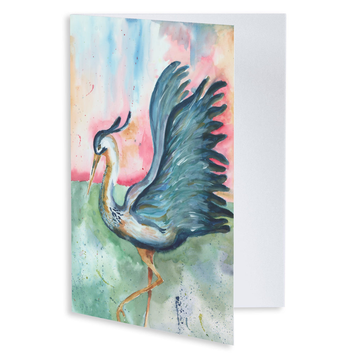 Folding cardstock greeting card featuring original watercolor piece Morning Glories slightly open to display the empty inside.