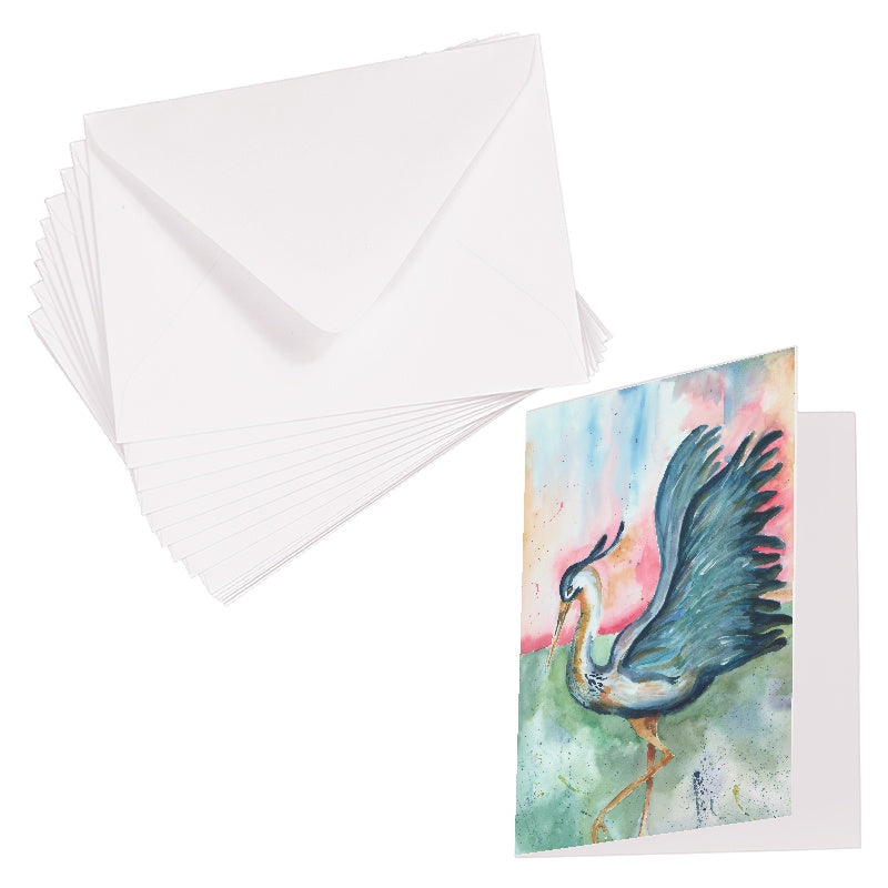 Folding cardstock greeting card featuring original watercolor piece Morning Glories laying next to a stack of euro flap envelopes.