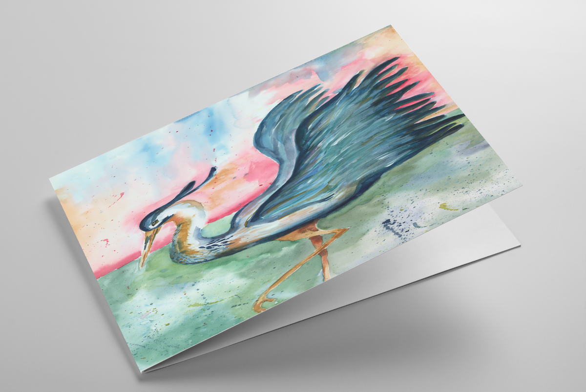 Folding greeting card featuring original watercolor piece Morning Glories laying down showing cardstock thickness and blank inside.