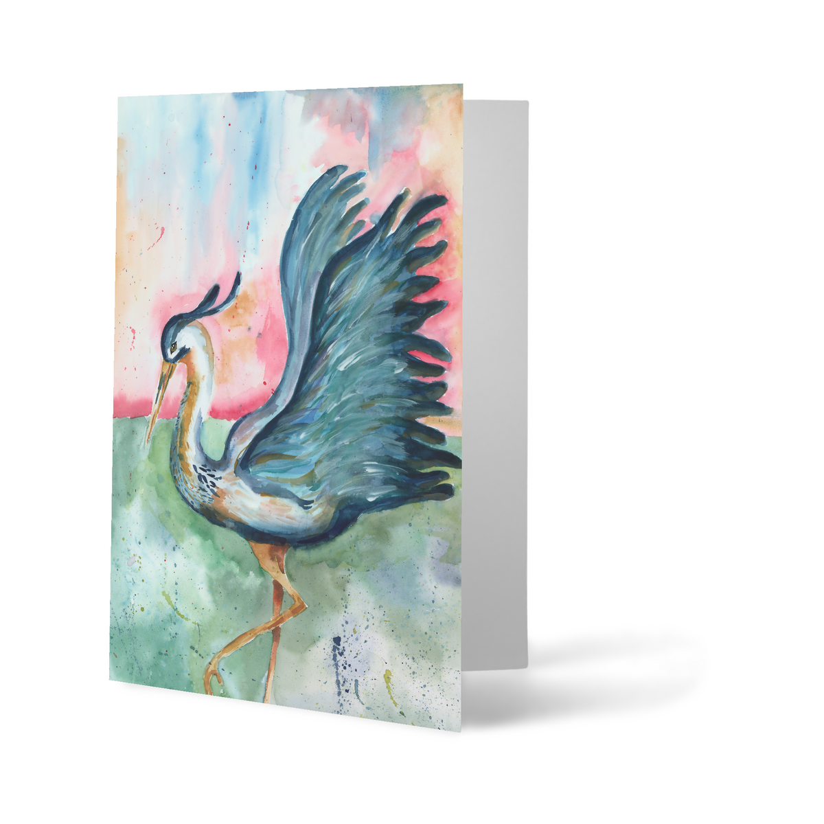 Folding cardstock greeting card featuring original watercolor piece Morning Glories standing upright.