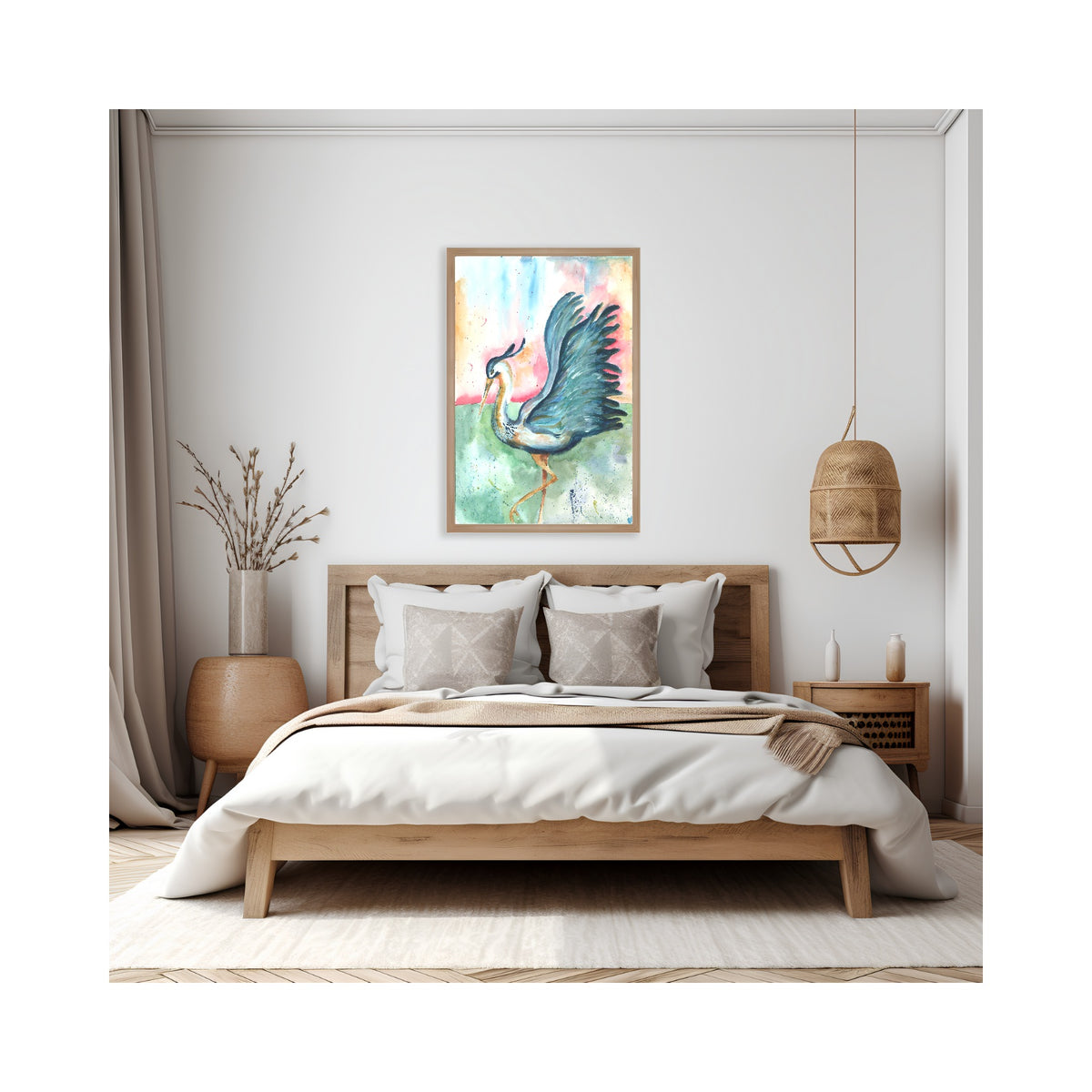 Giclée Morning Glories in a light wood frame hangs on a white wall above a wooden bed dressed in white and taupe linens. A woven rattan pendant light hangs to the right, with a vase of dried branches on a round wood side table to the left and a small nightstand with ceramic vases on the right.