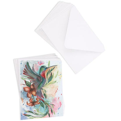 A stack of flat cardstock note cards featuring original watercolor piece Queen of Flight next to a stack of the matching euro flap envelopes.