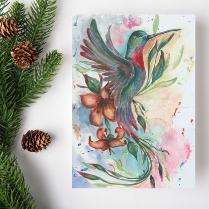 Flat cardstock note card featuring original watercolor piece Queen of Flight on a white background. Green pine fronds with brown pinecones decorate the left side.