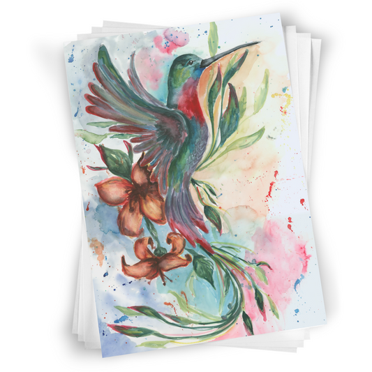 Flat cardstock note card featuring original watercolor piece Queen of Flight in a stack on a white background.