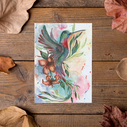 Flat cardstock note card featuring original watercolor piece Queen of Flight styled on rustic wooden boards with dried autumn leaves.