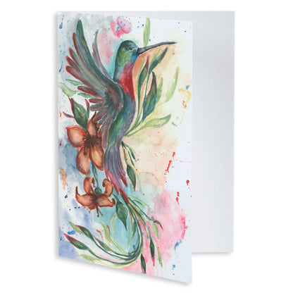 Folding cardstock greeting card featuring original watercolor piece Queen of Flight slightly open to display the empty inside.
