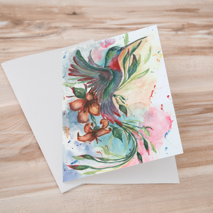 Folding cardstock greeting card featuring original watercolor piece Queen of Flight laying one on top of another.