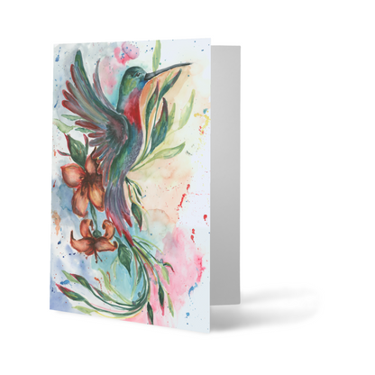 Folding cardstock greeting card featuring original watercolor piece Queen of Flight standing upright.