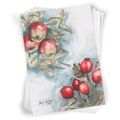 Flat cardstock note card featuring original watercolor piece Red Apples and Rosehips in a stack on a white background.