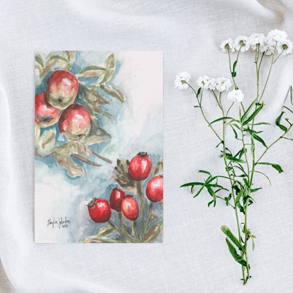 Flat cardstock note card featuring original watercolor piece Red Apples and Rosehips on a white linen background next to fresh white flowers.