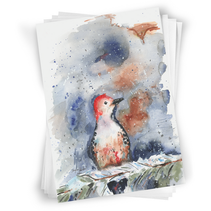 Flat cardstock note card featuring original watercolor piece Red Bellied Woodpecker in a stack on a white background.