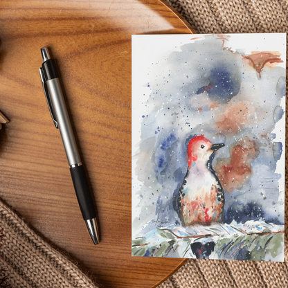 Flat cardstock note card featuring original watercolor piece Red Bellied Woodpecker displayed on a wooden surface beside a black and silver pen.