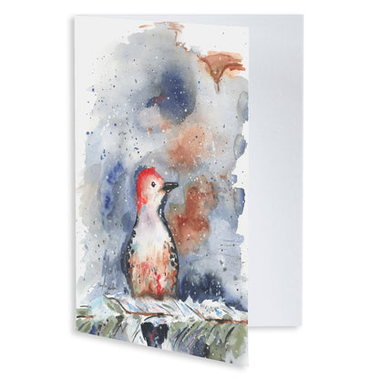 Folding cardstock greeting card featuring original watercolor piece Red Bellied Woodpecker slightly open to display the empty inside.