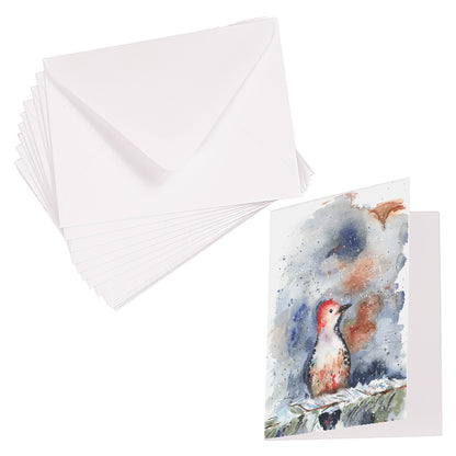 Folding cardstock greeting card featuring original watercolor piece Red Bellied Woodpecker laying next to a stack of euro flap envelopes.