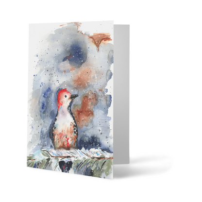 Folding cardstock greeting card featuring original watercolor piece Red Bellied Woodpecker standing upright.