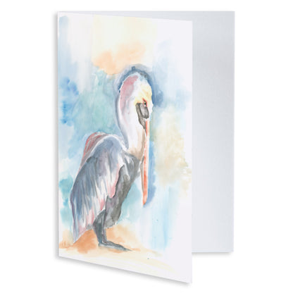Folding cardstock greeting card featuring original watercolor piece Shy Pelican slightly open to display the empty inside.
