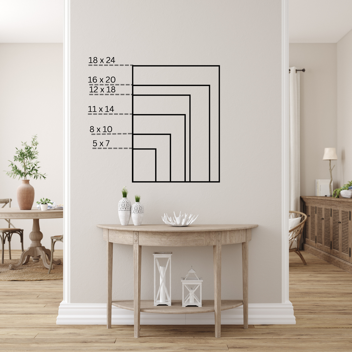 A size chart for portrait wall art. Six nested rectangles are drawn on the wall above an entryway console table for scale, labelled 5 x 7, 8 x 10, 11 x 14, 12 x 18, 16 x 20 and 18 x 24 inches.