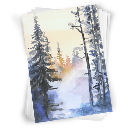 Flat cardstock note card featuring original watercolor piece Winter Wood in a stack on a white background.