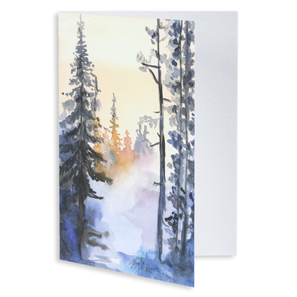 Folding cardstock greeting card featuring original watercolor piece Winter Wood slightly open to display the empty inside.